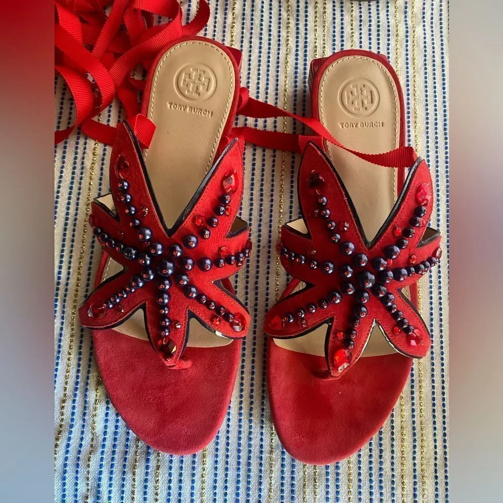 Tory Burch Suede Red Beaded Women's Sandals Sz 9